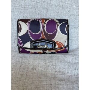 Coach Optic Signature C Trifold Wallet Multicolor Satin Patent Leather Mahogany